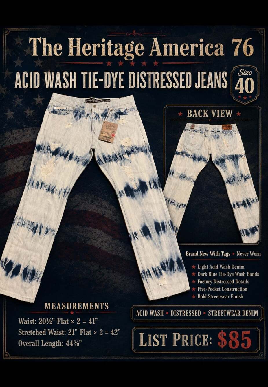 The Heritage America 76 Acid Wash Tie-Dye Distressed Jeans